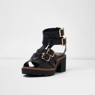 Black multi buckle strap gladiator sandals